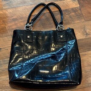 Liz Claiborne Glossy Black Croc-Embossed Shoulder Bag